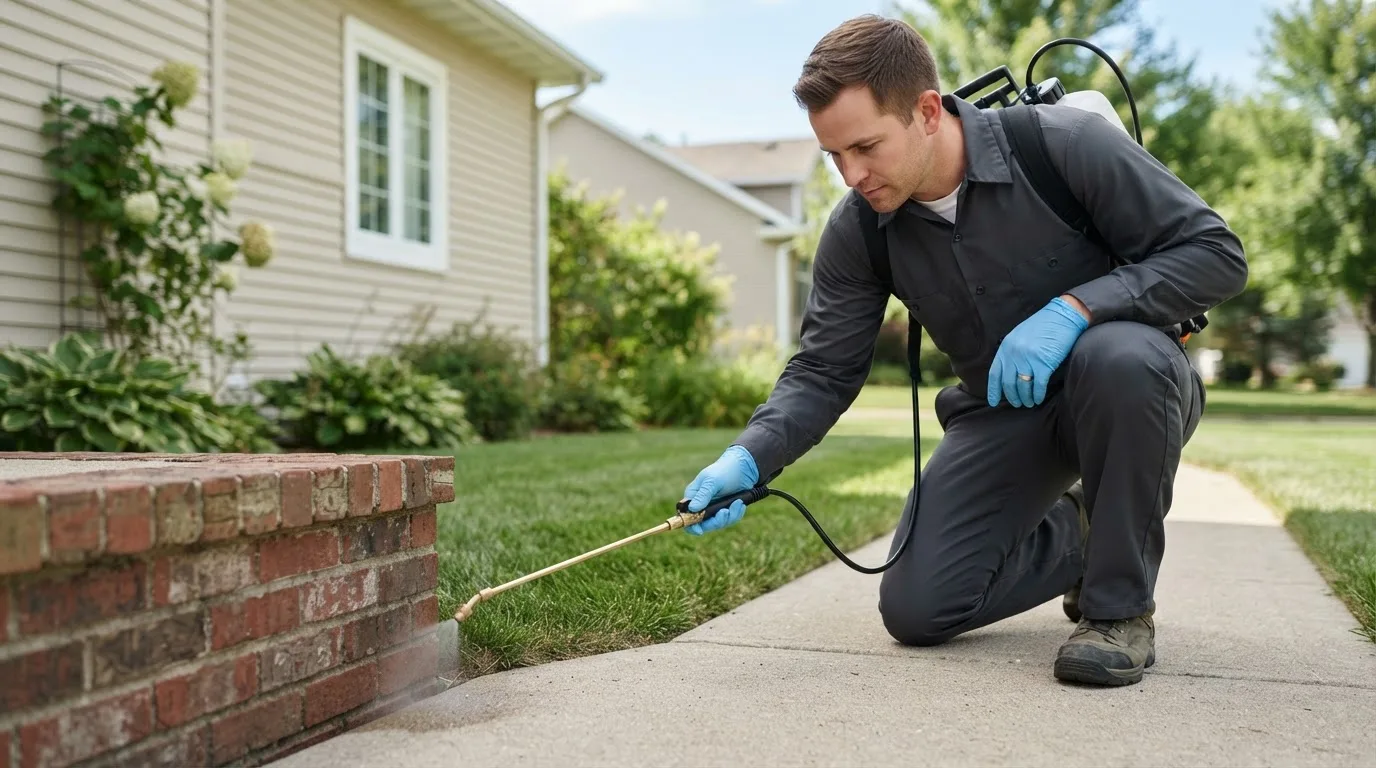 Pest control technician treating a home near Mapleton, ME